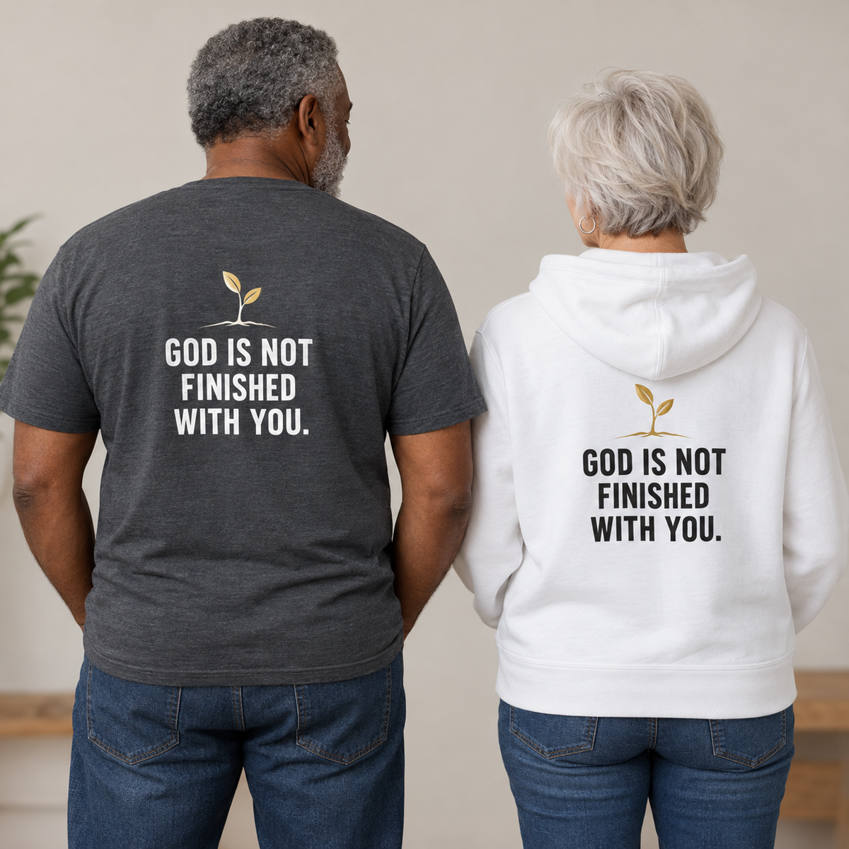 God Is Not Finished With You — Back Print Hoodie model mockup; paired T-shirt and hoodie back views
