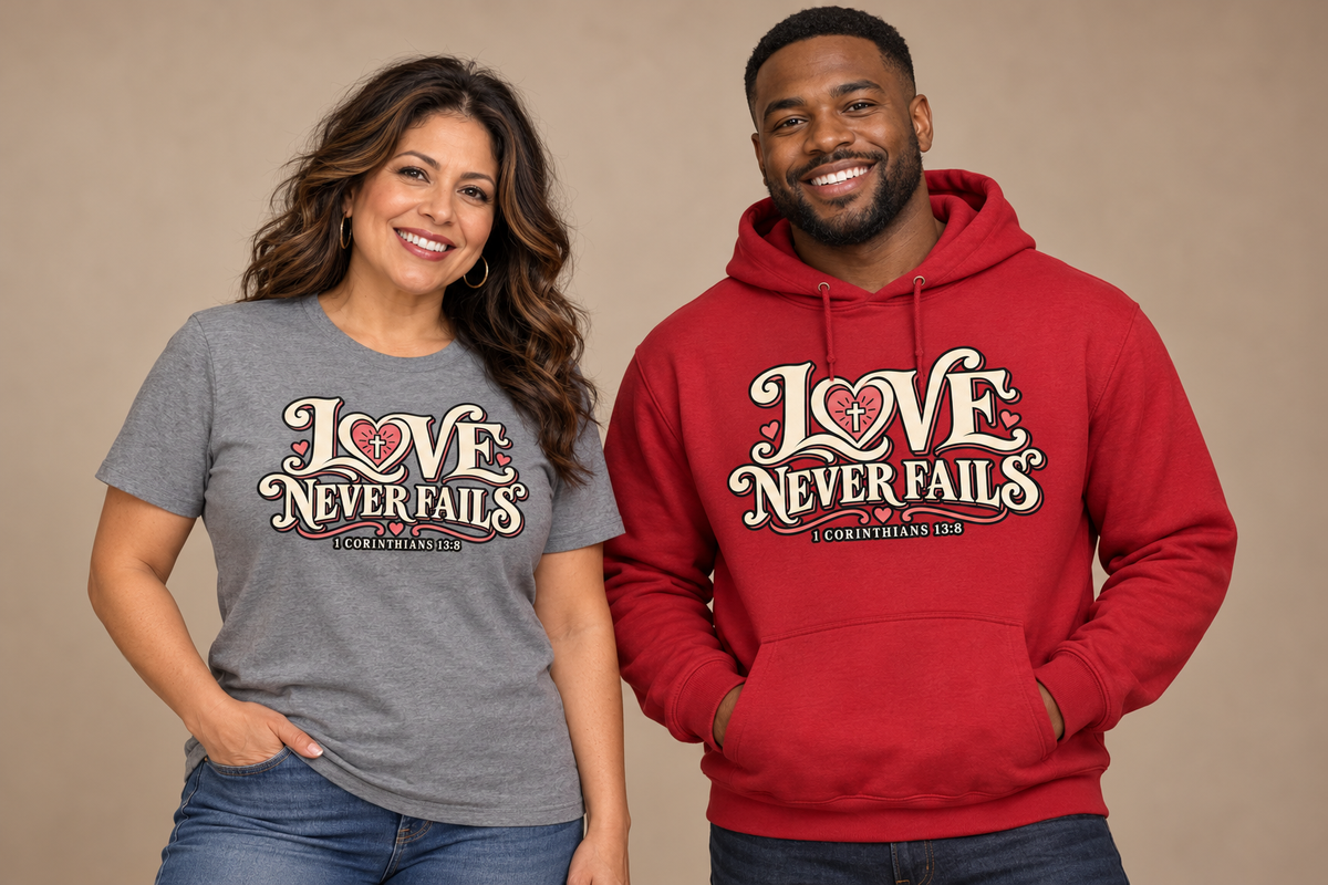 Love Never Fails T-shirt and hoodie model mockups