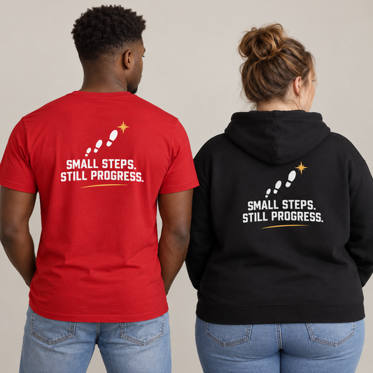 Small Steps. Still Progress. — Back Print Hoodie model mockup; paired T-shirt and hoodie back views