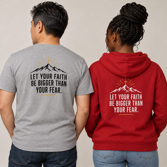 Faith Bigger Than Fear — Back Print Hoodie model mockup; paired T-shirt and hoodie back views