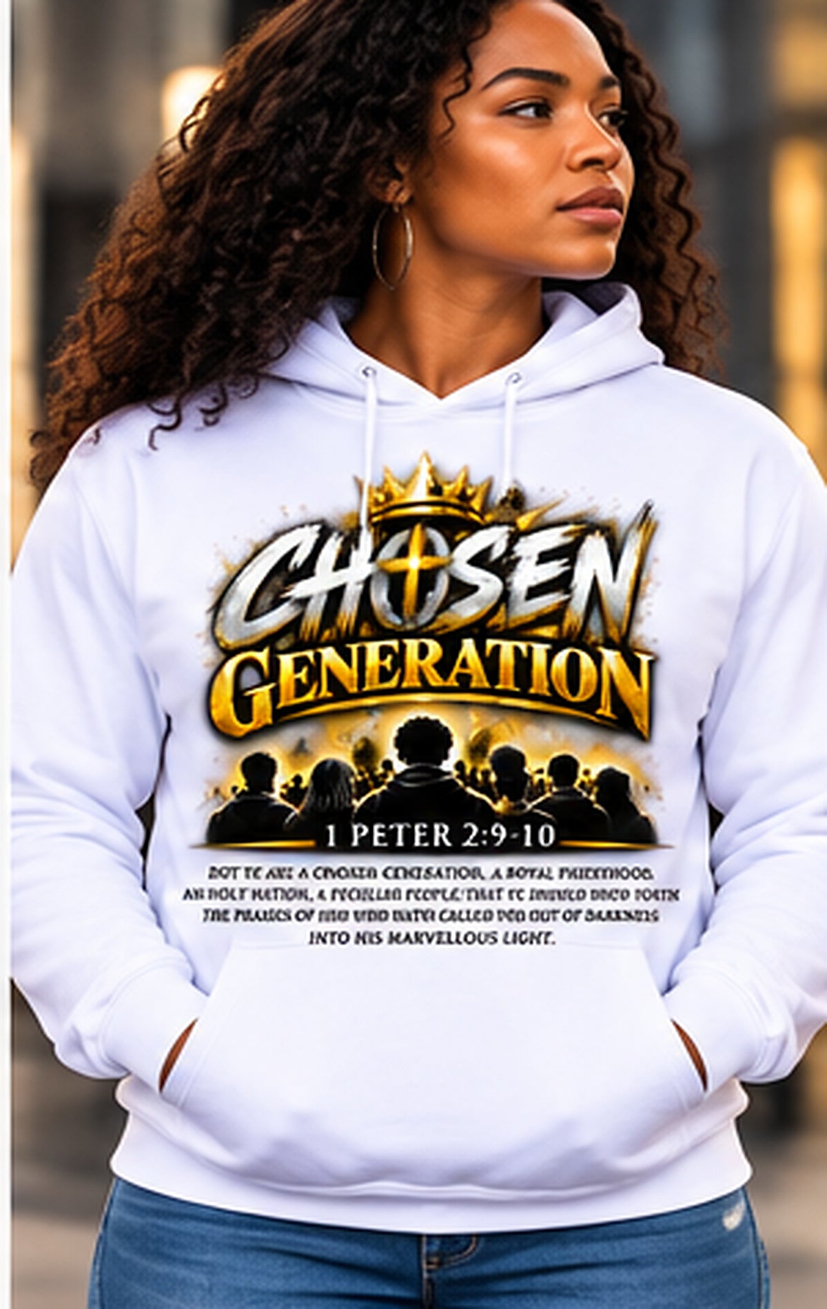 Chosen Generation crown and scripture Hoodie White