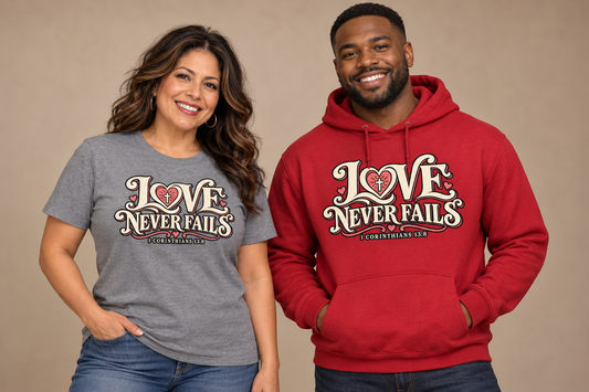 Love Never Fails T-shirt and hoodie model mockups