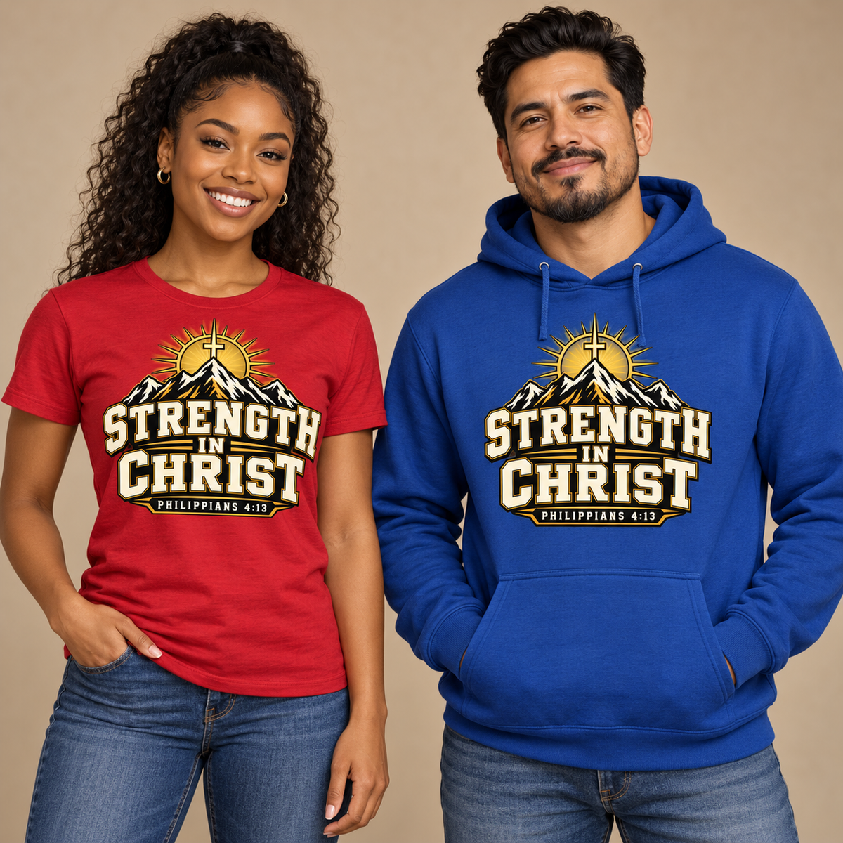 STRENGTH IN CHRIST T-shirt and hoodie model mockups