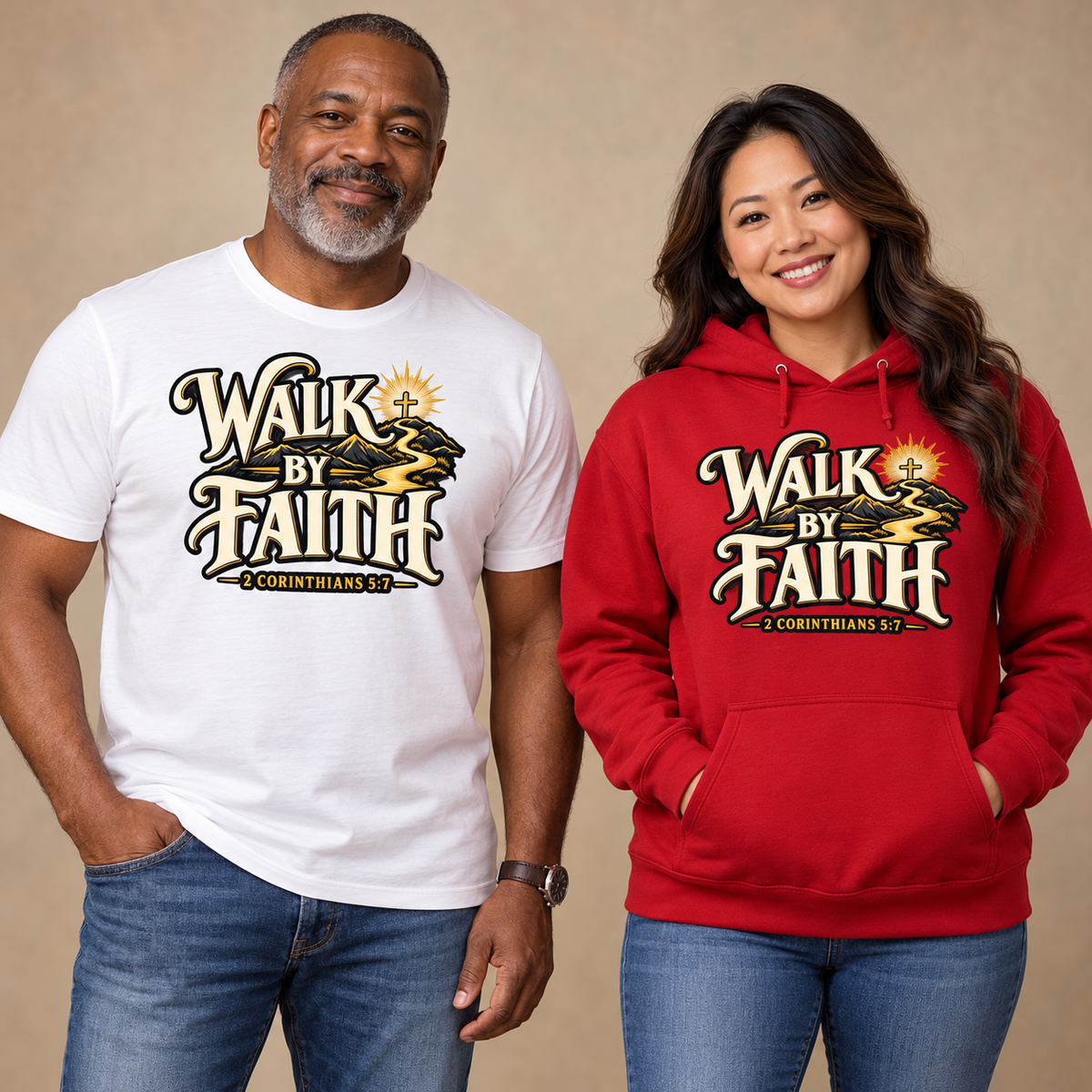 WALK BY FAITH T-shirt and hoodie model mockups